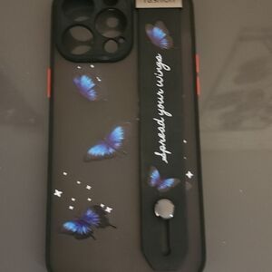 Butterfly Print Black Phone Case with Hand Strap